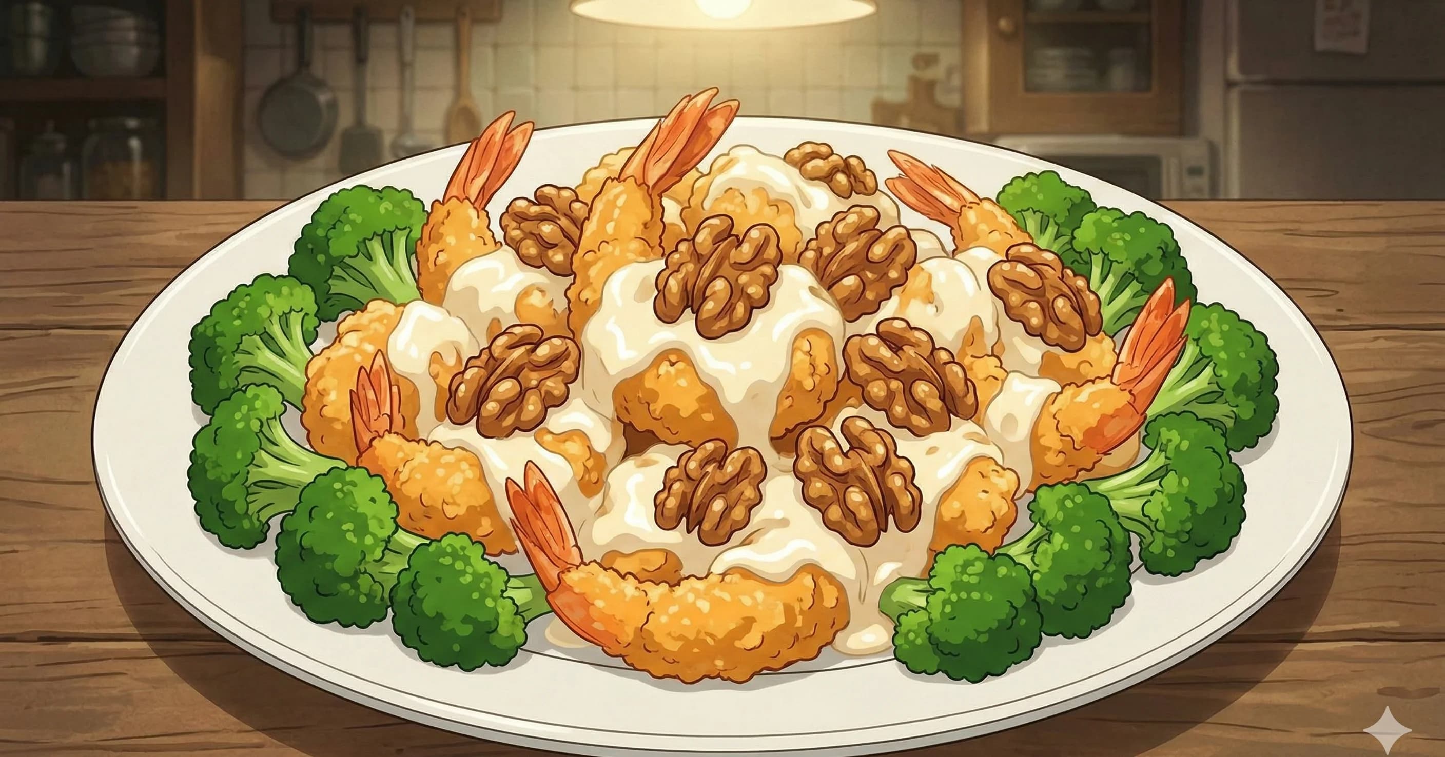 Walnut Shrimp (核桃虾) — Crispy cornstarch-coated shrimp tossed in a creamy mayo-condensed milk sauce with candied walnuts and blanched broccoli, the Chinese banquet classic