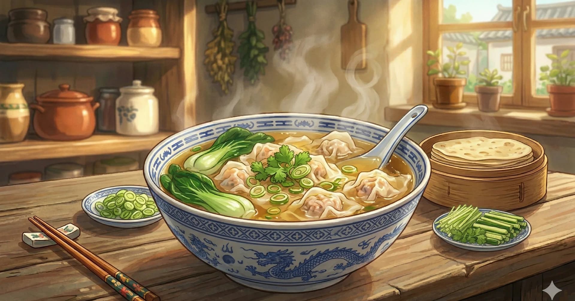 Sopa de Wonton (馄饨汤) — Wontons sedosos de cerdo y camarón nadando en un caldo fragante sazonado con jengibre