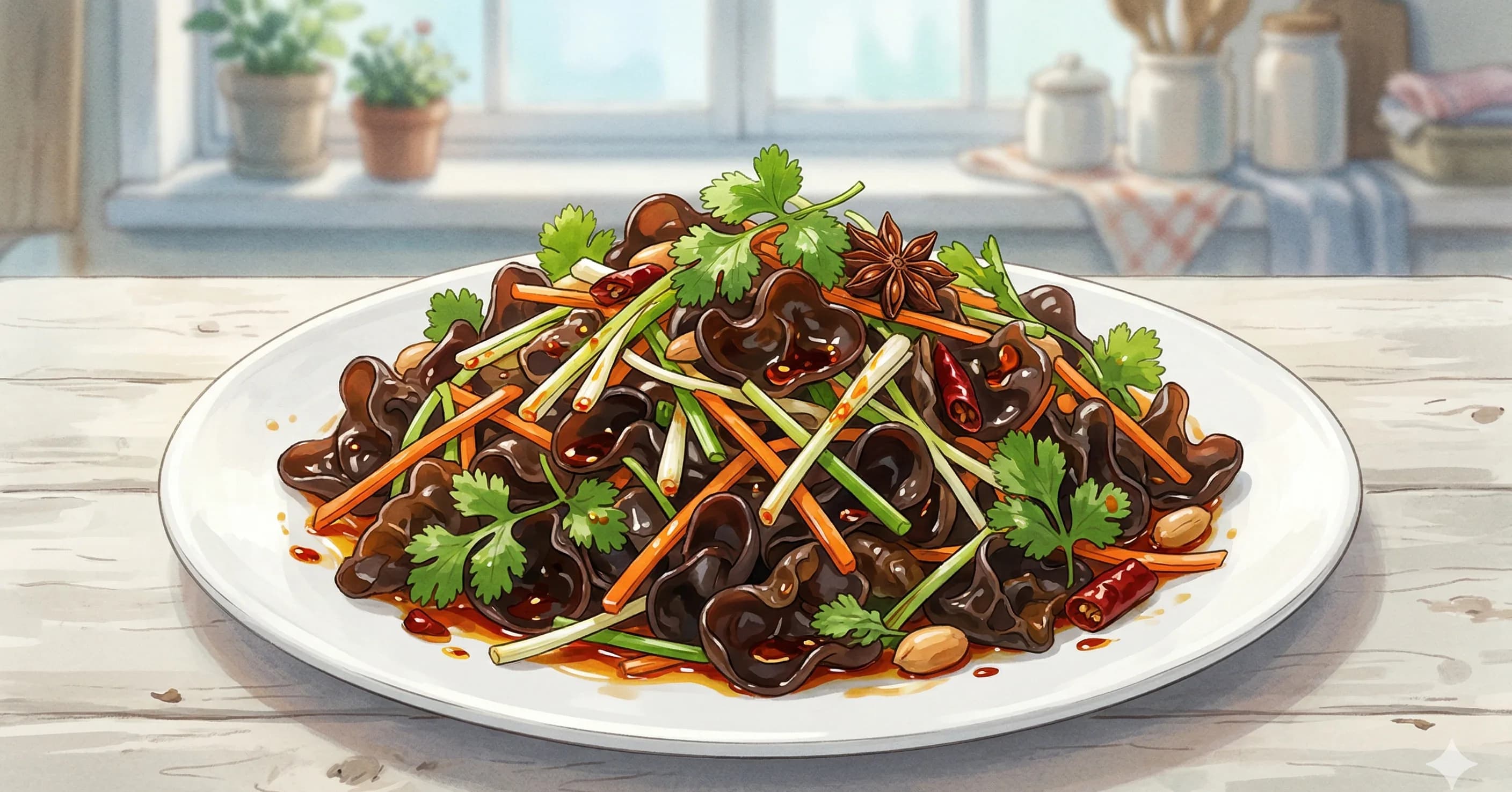 Liang Ban Mu Er (Wood Ear Mushroom Salad) — A refreshing cold salad of rehydrated wood ear mushrooms dressed with vinegar, chili oil, and garlic