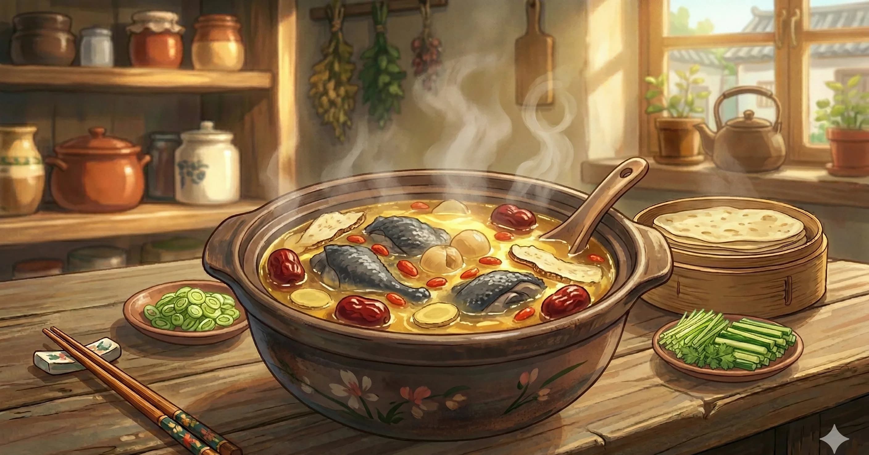 Wu Ji Tang (Silkie Chicken Herbal Soup) — A mineral-rich, dark-boned broth built with black-skinned chicken and a traditional herbal blend