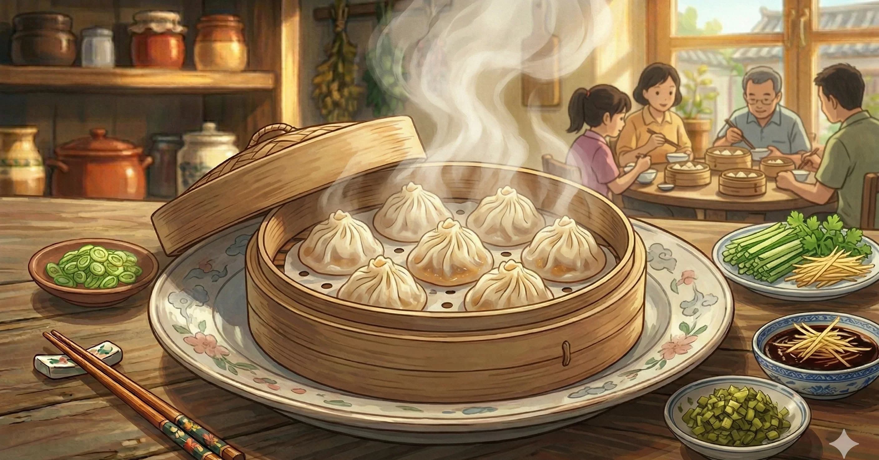 Xiao Long Bao (Soup Dumplings) — Paper-thin pleated dumplings filled with seasoned pork and a pocket of rich chicken aspic that melts into soup