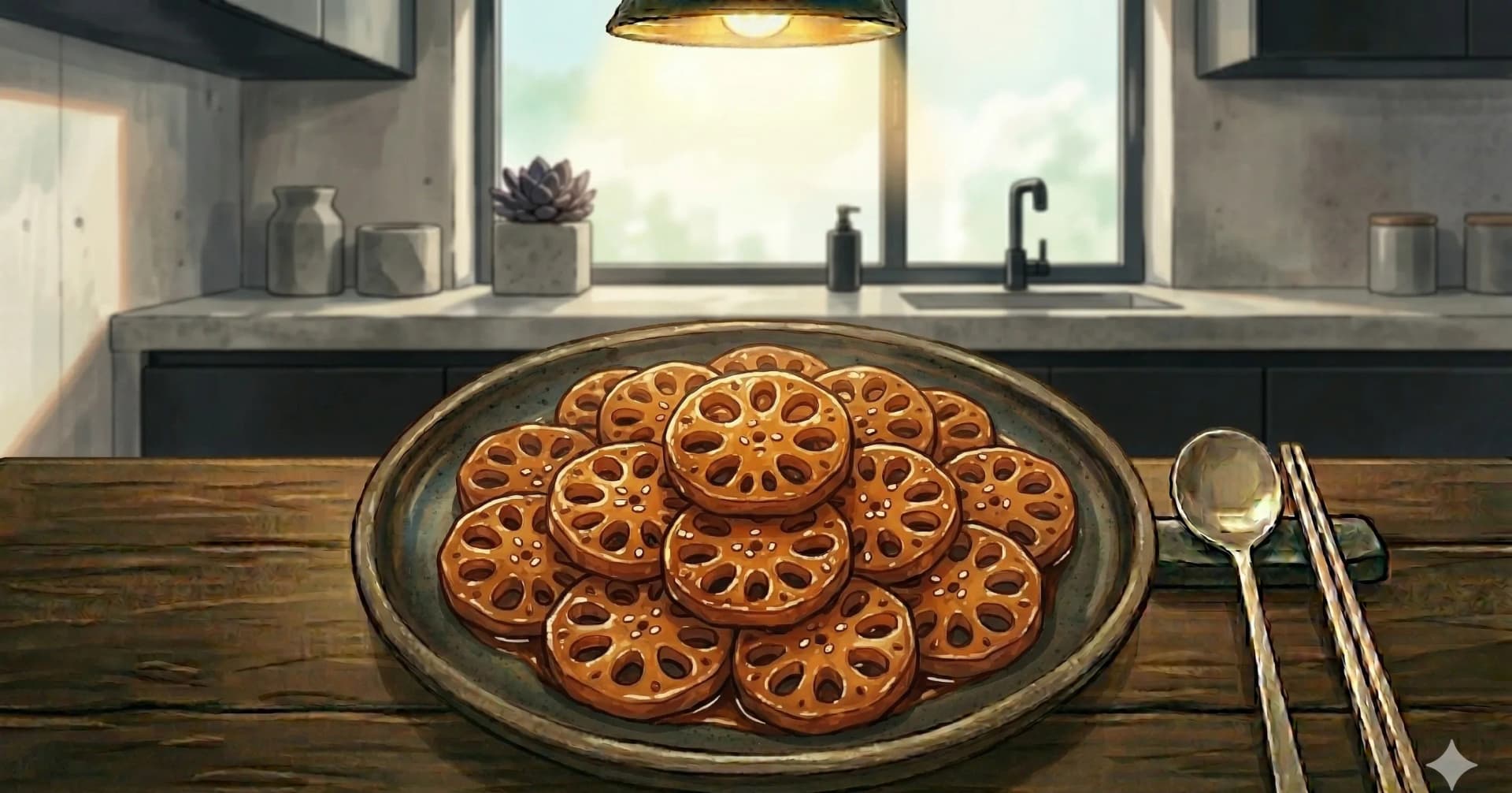Braised Lotus Root (Yeon-geun-jorim / 연근조림) — Lotus roots braised in soy sauce and rice syrup until glossy, chewy, and caramelized