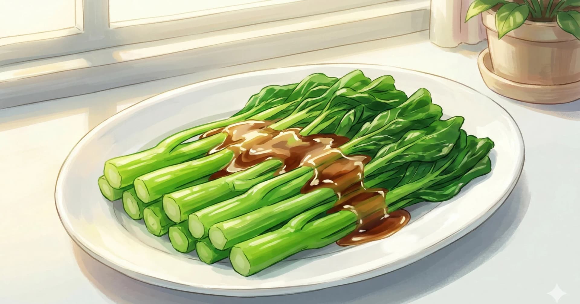 Yu Choy with Oyster Sauce (蚝油油菜) — Blanched yu choy sum drizzled with a warm oyster sauce dressing, the dim sum side dish that belongs on every dinner table