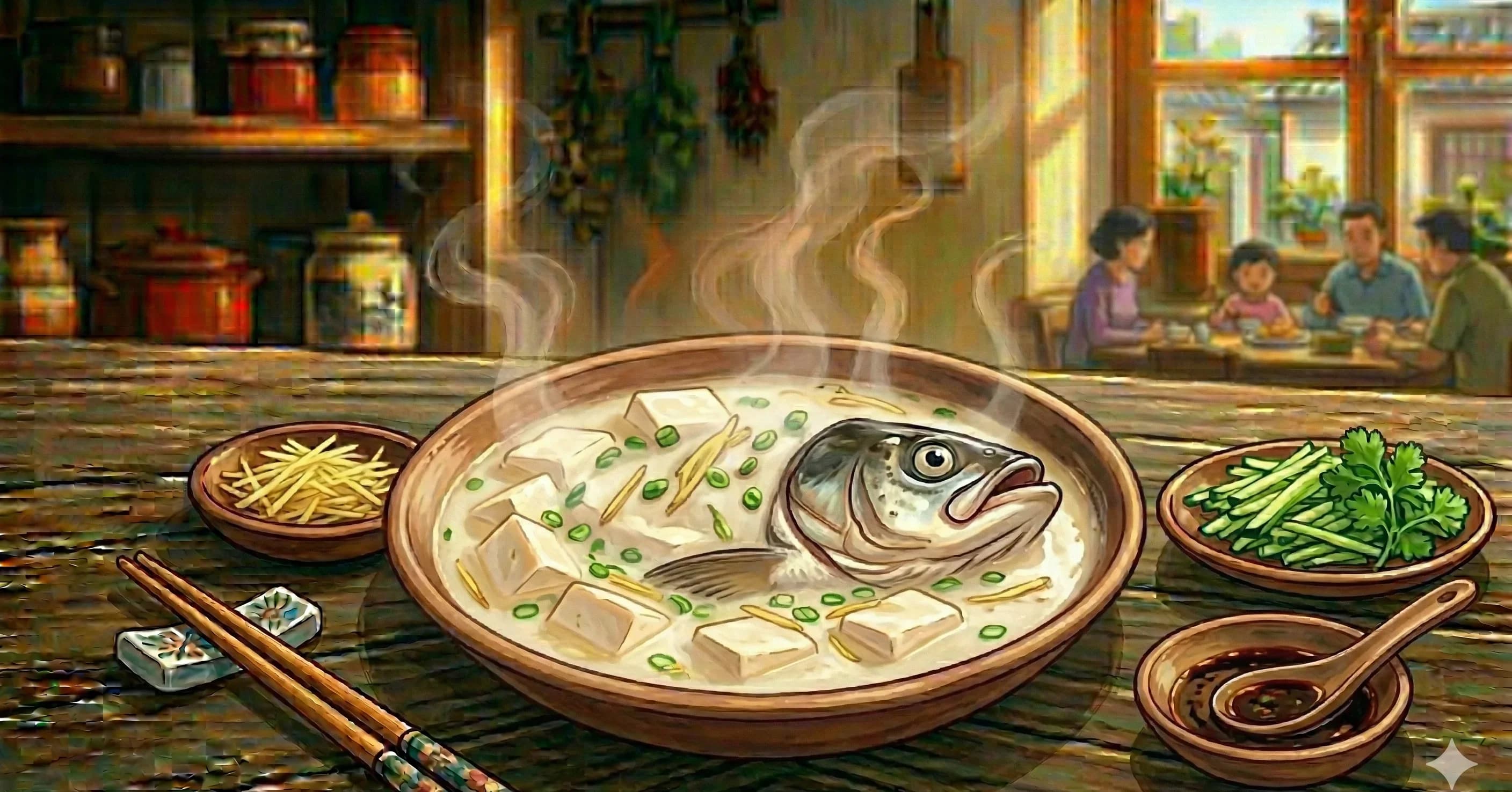 Yu Tou Dou Fu Tang (Fish Head Tofu Soup) — A milky-white, collagen-rich broth where a seared fish head and silken tofu produce one of Chinese cooking's greatest soups