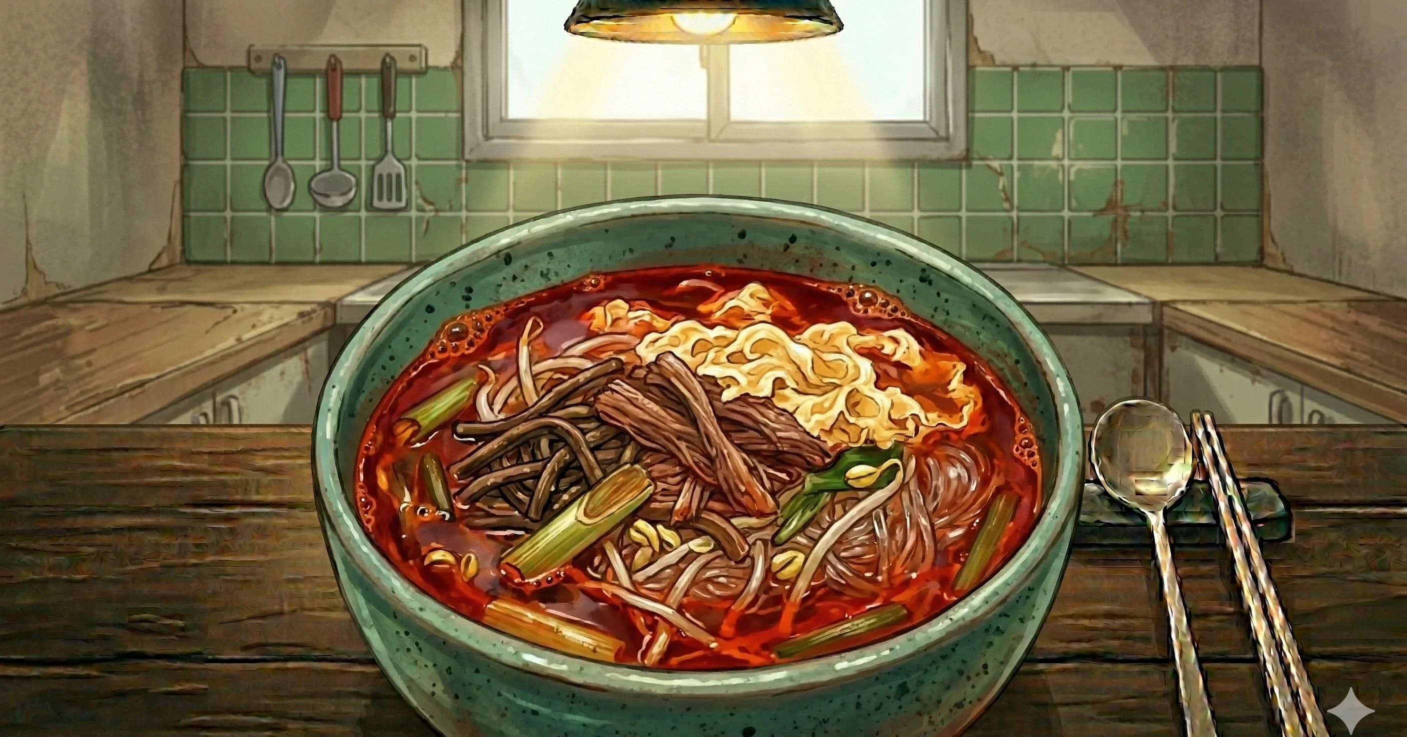Yukgaejang (Spicy Beef and Vegetable Soup) — A fiery, deeply flavored beef soup loaded with shredded meat, fernbrakes, bean sprouts, and scallions in a chili-red broth