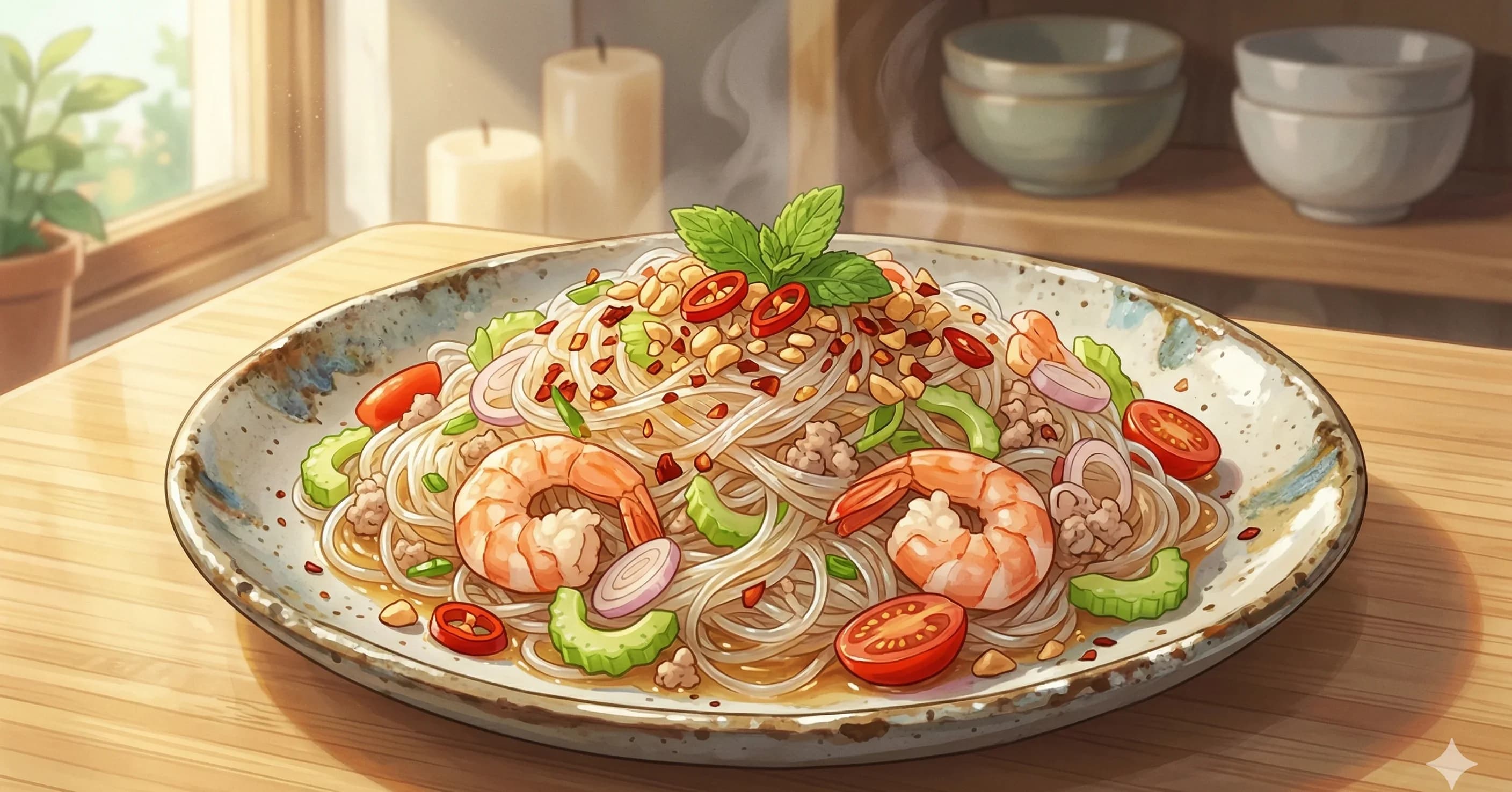 Yum Woon Sen (ยำวุ้นเส้น) — Tangy glass noodle salad with minced pork, shrimp, and a bright lime-chili-fish sauce dressing