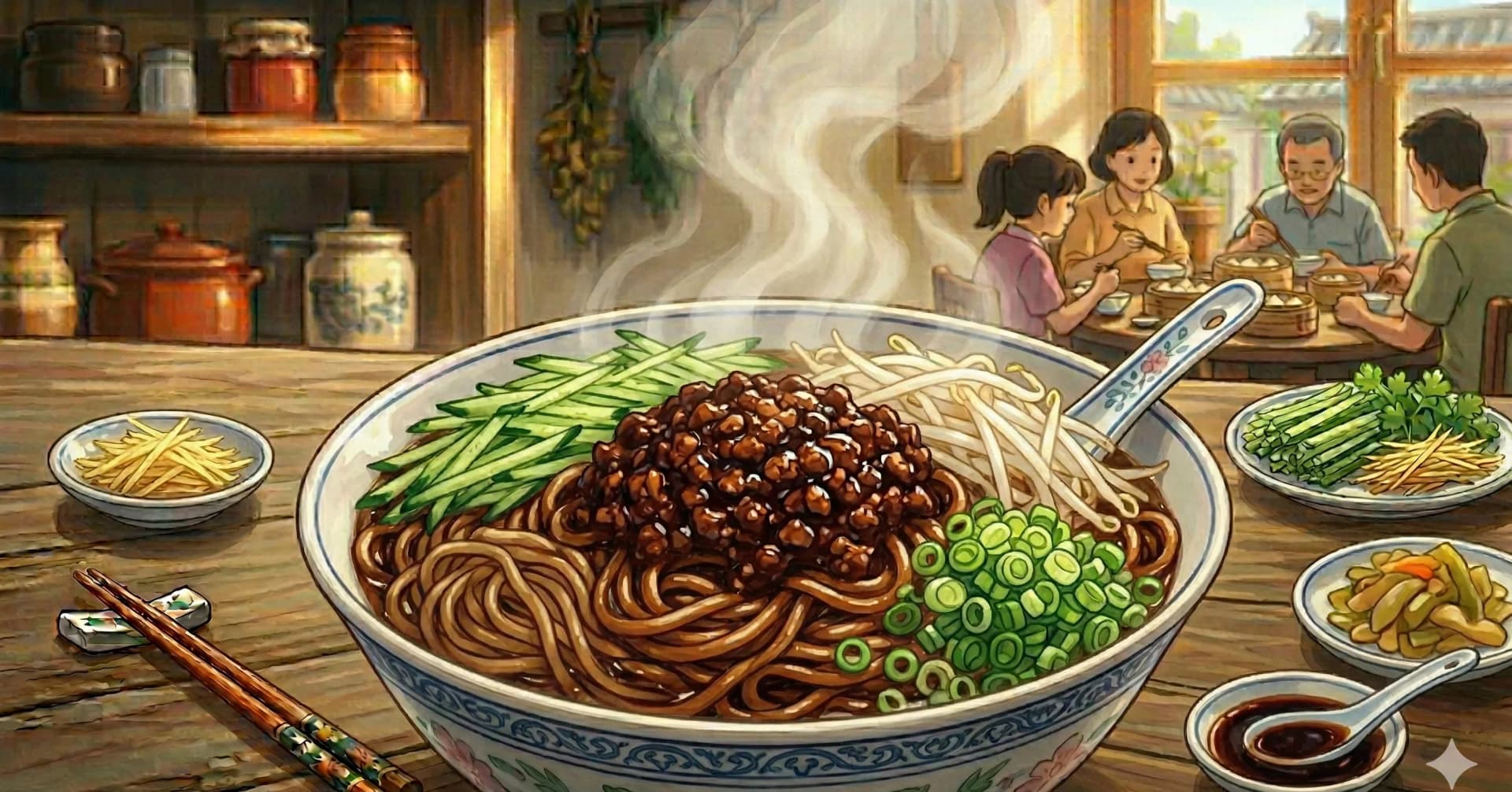 Zhajiangmian (Fried Sauce Noodles) — Beijing's iconic noodle dish with a rich pork and fermented bean paste sauce over hand-pulled noodles